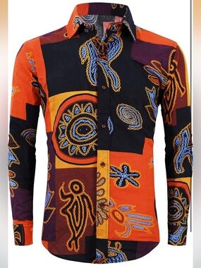 Luc Matton Men's Bold Ethnic Print Shirt  Orange Button Down Linen Blend  M